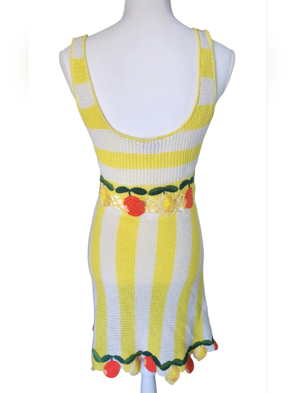 STAUD Yellow and White Striped Crochet Midi Dress with Fruit Trim - Picture 3 of 12